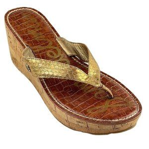 Sam Edelman Shoes Cork Wedge Platform Thong Sandals Gold Leather Women's 8M